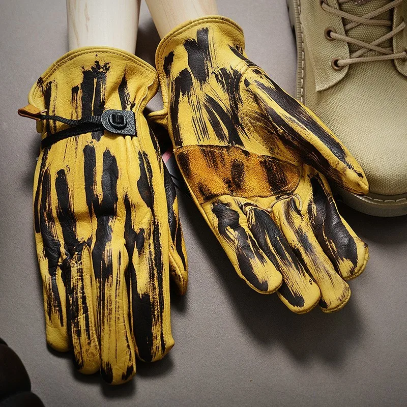 Men Motorcycle Biker Winter Sheepskin Genuine Leather Gloves Warm Full Leather Driving Guantes Mujer Retro Yellow Riding Mittens