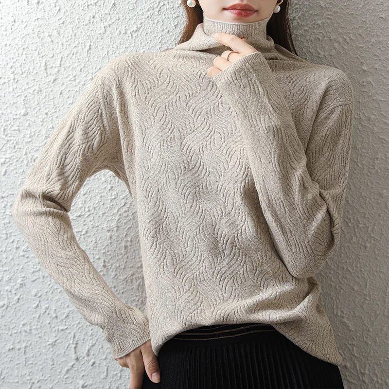 

High Quality Spring Autumn Winter European Style Women Fashion Turtleneck Pullovers Knitted Cashmere Wool Sweater Lady
