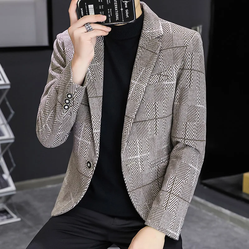 Мужской клетчатый шерстяной Блейзер приталенный Молодежный Повседневный на