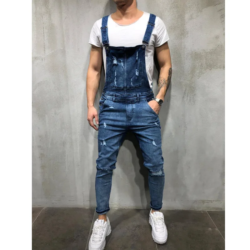 Стильный мужской комбинезон рваные штаны байкерские черные брюки 2019