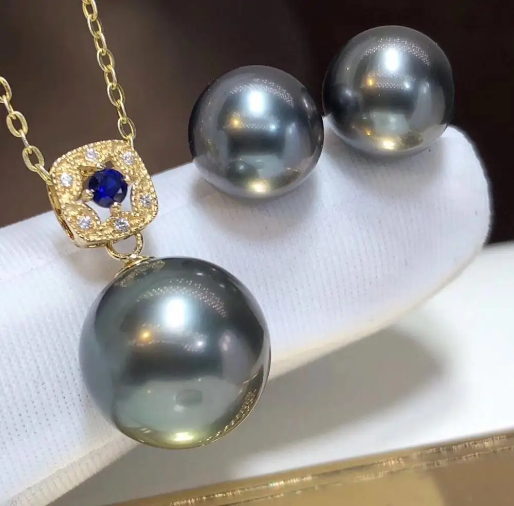 D123 ювелирные украшения 18 К золото натуральный черный жемчуг Таити 9-12 мм Женские