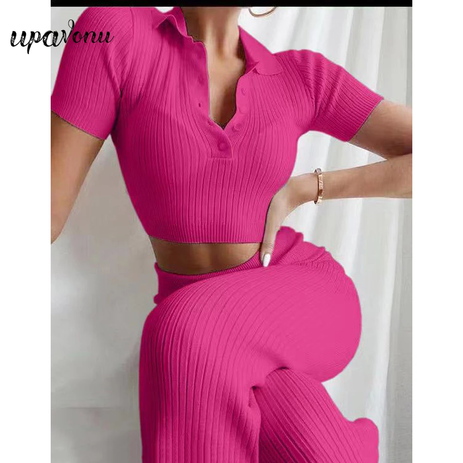 

Free Shipping Casual Straight Pants Set Elegant Lapel Short Sleeve Short Top & Elastic Pants 2 Two-piece Women 202 Fashion New