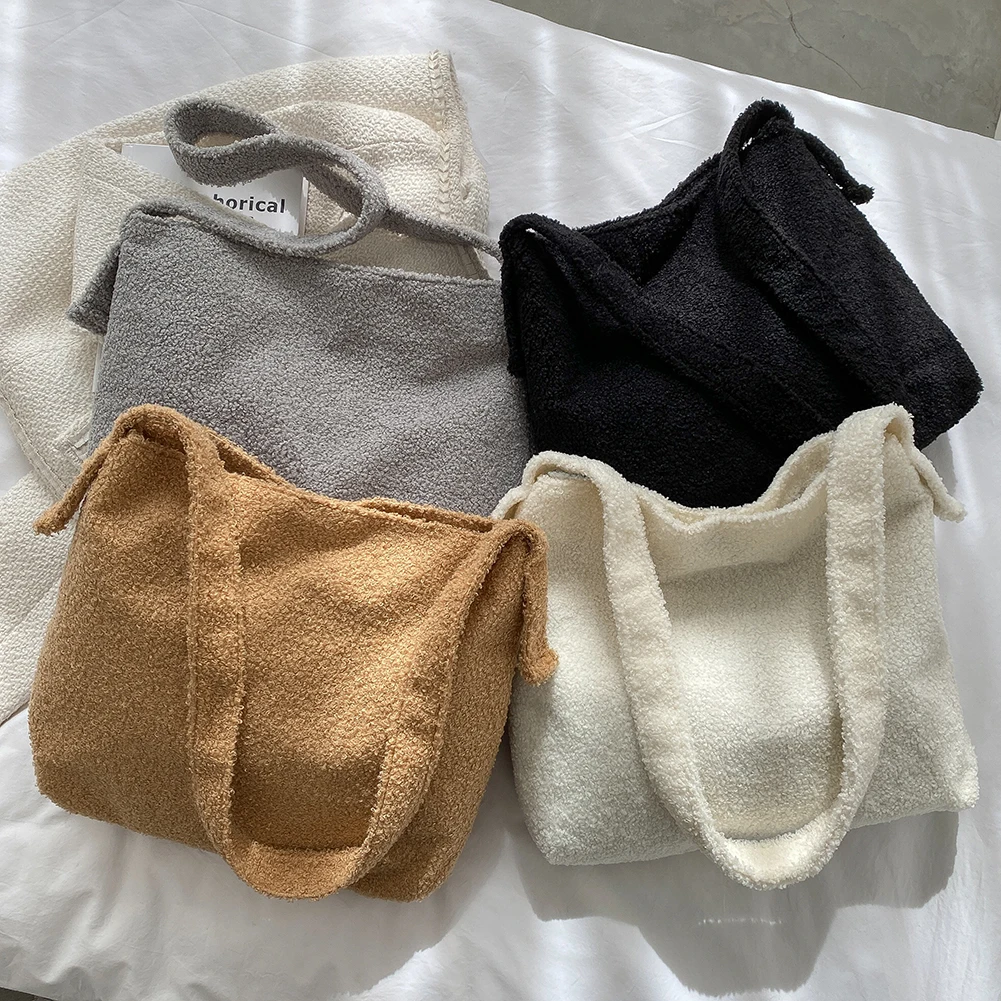 

Женская сумка на плечо из искусственной овечьей шерсти, экологически чистый саквояж для покупки продуктов, повседневная вместительная одн...