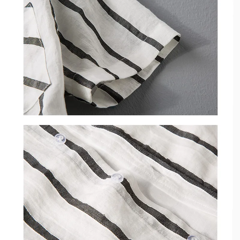 

2020 Brand clothing Men Striped pure Cotton Linen shirts Summer Henry Colla Loose Short Sleeve Casual Buttons slim fit Shirt