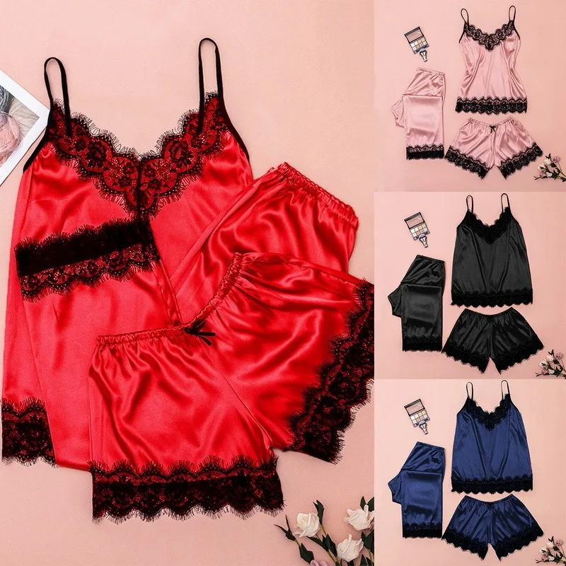

New Women Bow Sleepwear Sleeveless Strap Nightwear Lace Trim Satin Cami Top Pajama Sets Femme Sexy Lingerie Pajamas Women