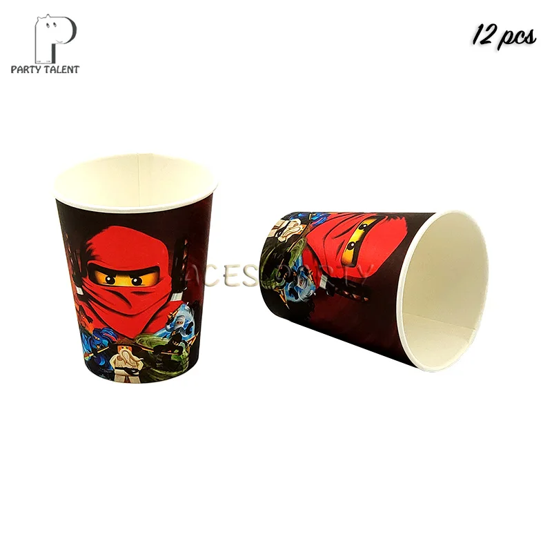 12pcs cups Мальчики Дети Ninjagoing тема посуда для вечеринки в честь Дня Рождения шар конфеты коробка флаг тарелка чашка соломы кисточкой вечерние принадлежности - Цвет: 12pcs cups