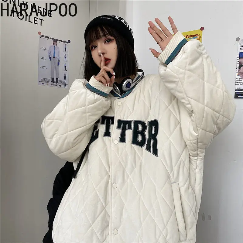 

Harajpoo Parkas Female Harajuku Baseball Uniform Padded 2021 Fall Winter New Letter Loose Wild Couple Ins Casual O Neck Clothing