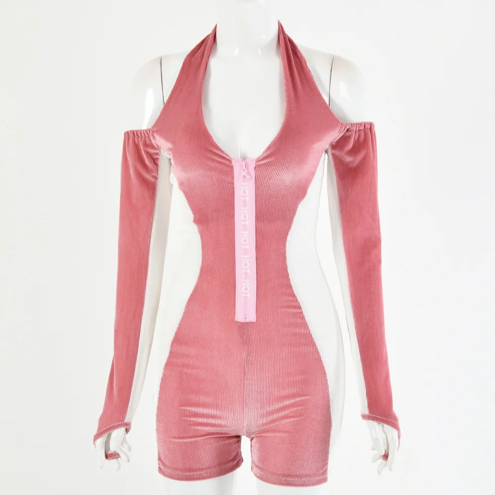 

Autumn 2020 new women's splicing letter zipper casual velvet one piece shorts