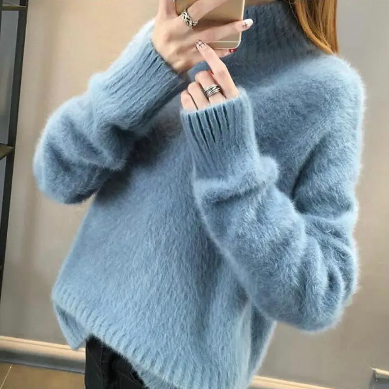 

Женский свитер из меха норки и флиса, новинка 2021, зимний Свободный пуловер с высоким воротником, женский зимний свитер, Женский пуловер