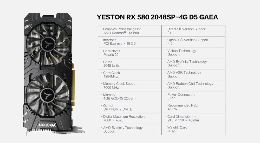 Yeston Radeon RX580 2048 SP-4G GDDR5 PCI Express x16 3,0 видеоигровая видеокарта внешняя видеокарта для рабочего стола