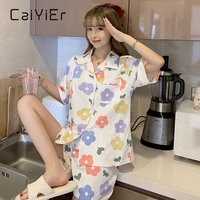 caiyier summer cotton pajamas set cute t shirt shorts set korean casual women sleepwear cartoon girl lingerie home clothing 2xl