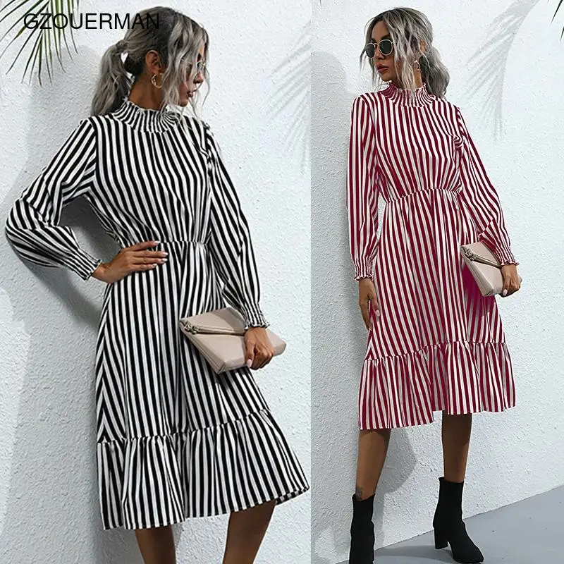 

2021 New Fashion Women Lady Office Striped Slim Long Sleeve Midi High collar Elastic Waist Pullover Spring Autumn Casual Dress