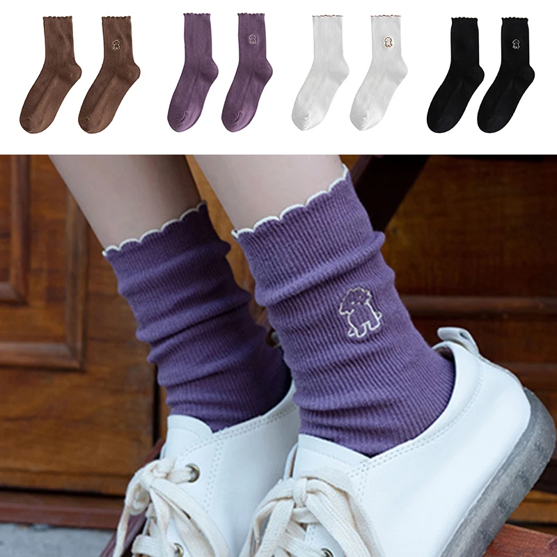 

Cute Embroider Women Socks Harajuku Style Ruffle Socks Solid Color Cotton Breathable Japanese Socks for Autumn Winter