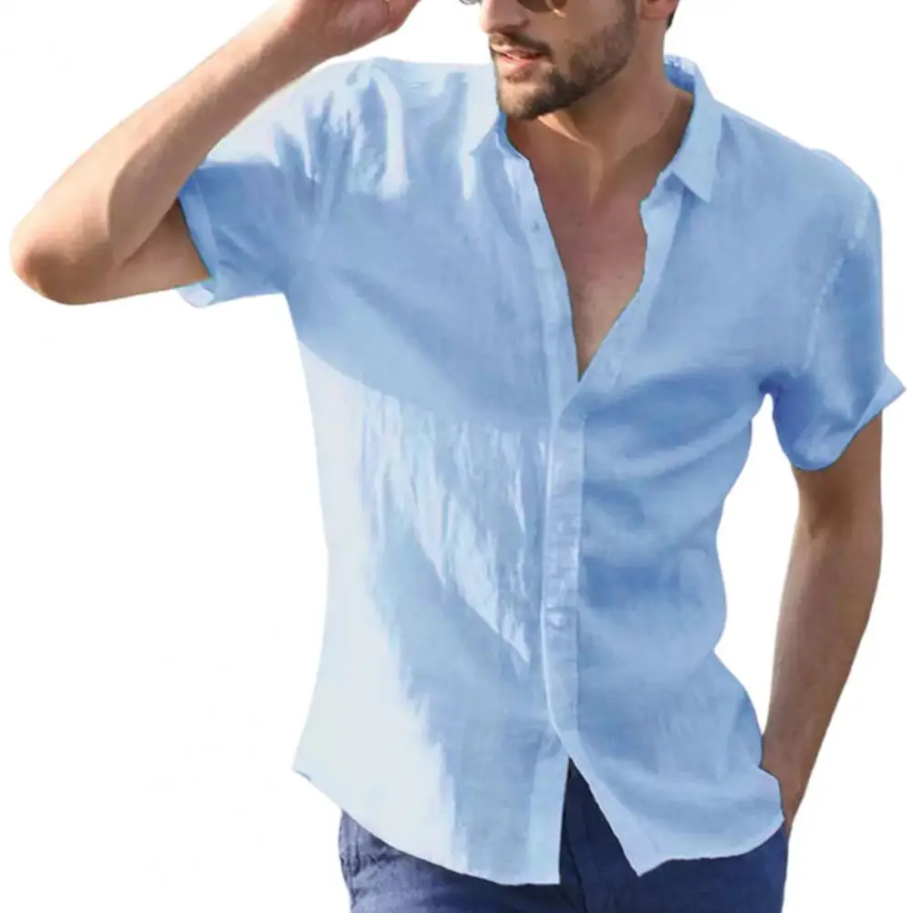 

2021 New Short Comfortable Sleeve Beach Shirt Turn-down Collar Breathable Solid Color Buttons Closure Men Shirt Workwear