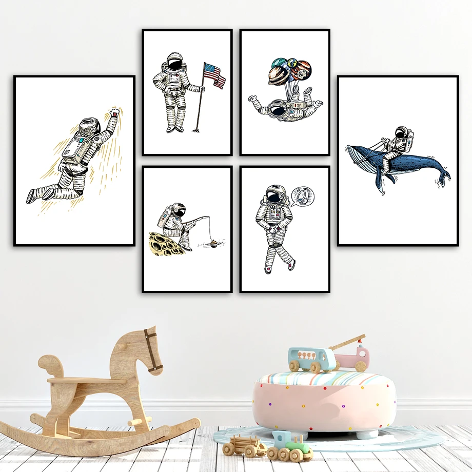 

Cartoon Astronaut Whale Balloon Flag Nordic Posters And Prints Wall Art Canvas Painting Wall Pictures For Baby Kids Room Decor