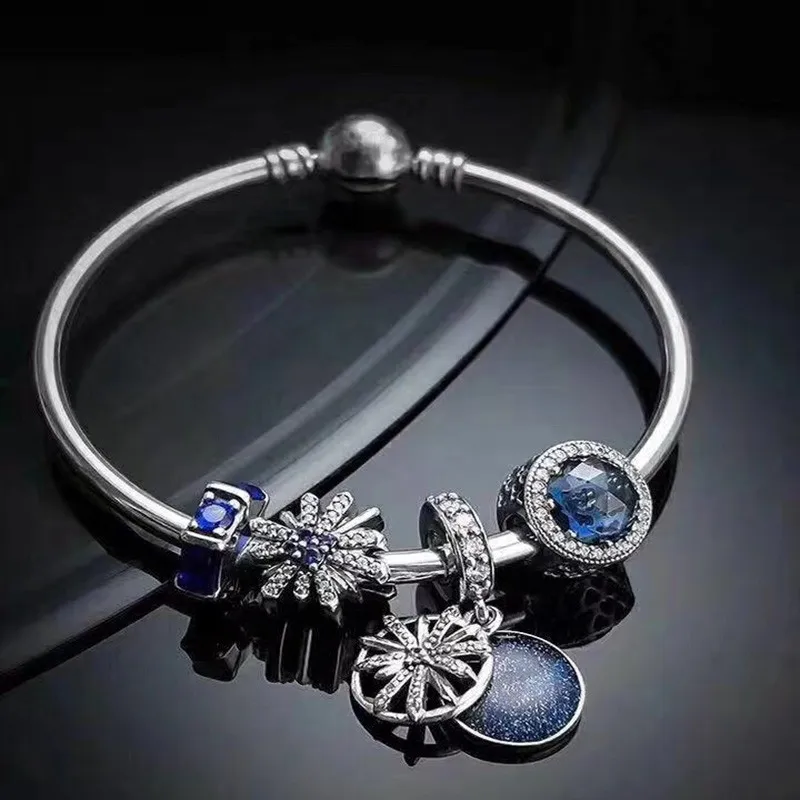 

925 Sterling Silver Fashion Star Pendant And Blue Cat's Eye Beaded Suit Pan Bracelet For Women Wedding Party Fashion Jewelry