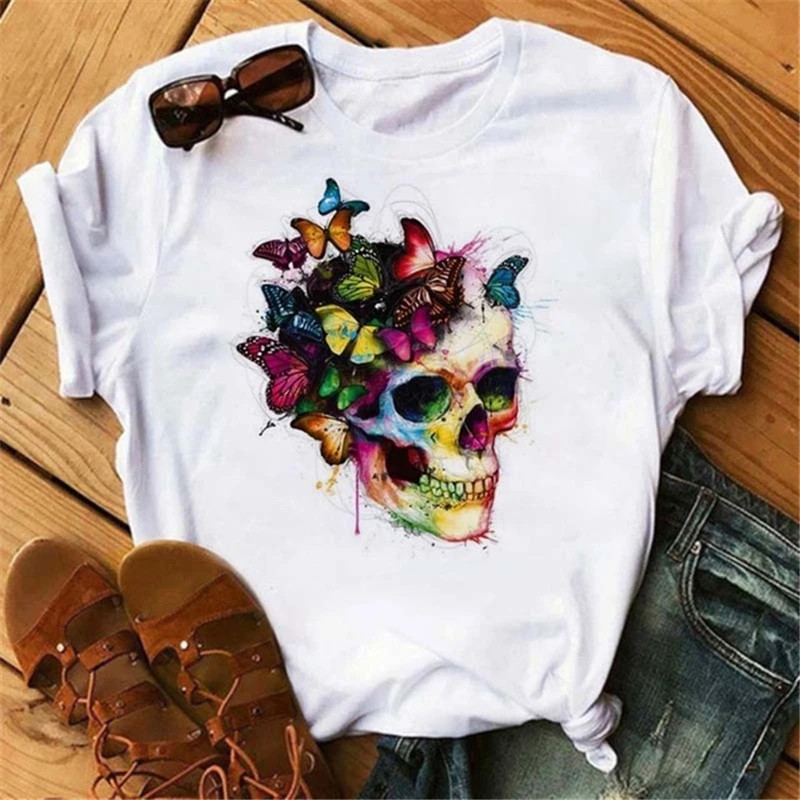 

Summer Women's T-shirts Skull Flower Graphic Printing Ladies Harajuku Casual Short Sleeve Round Neck Tee Femme Clothes