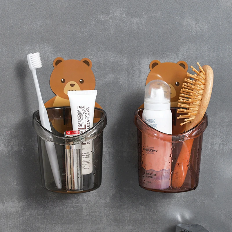 

Little bear Wall Mounted Toothbrush Holder Cup Punch Free Storage Rack Bathroom Supplies Organizer Bathroom Accessories