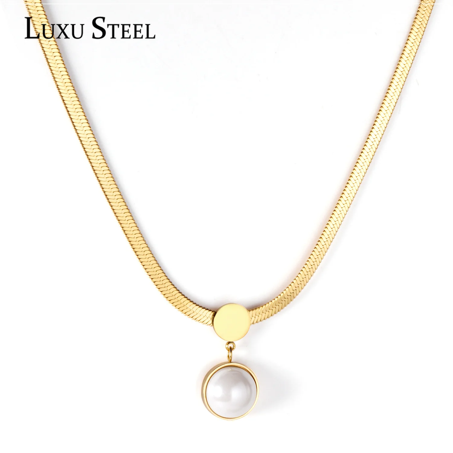 

LUXUSTEEL Round Imitation Pearl Pendant Necklaces For Women Gold Color Classic Style Stainless Gold Flat Chains Necklace Collars