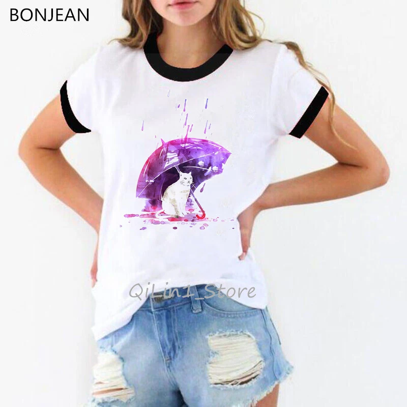 Женская Винтажная Футболка с принтом бабочек и акварельным котом красивая