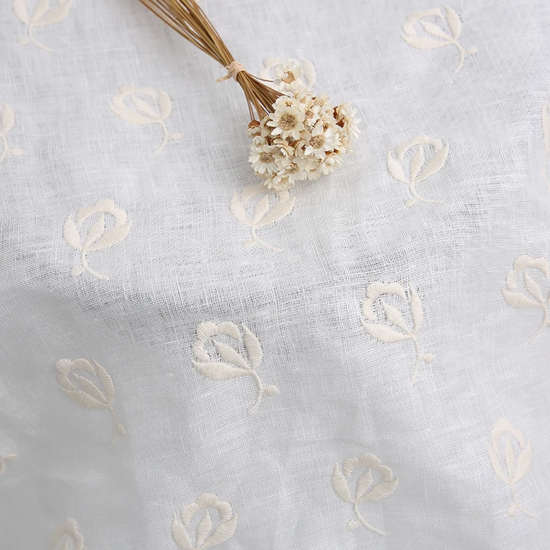 

High quality ramie fabric White flower embroidery tissu DIY handmade custom clothing pillow dress sofa cushion patchwork