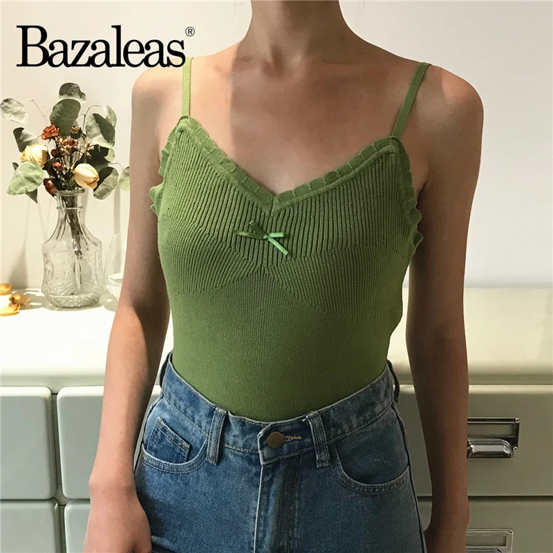 

Bazaleas Chic Lace Bow Overalls For Women Knitted Bodysuit Female Green Skinny Jumpsuit France Spaghetti Strap Ropa Mujer