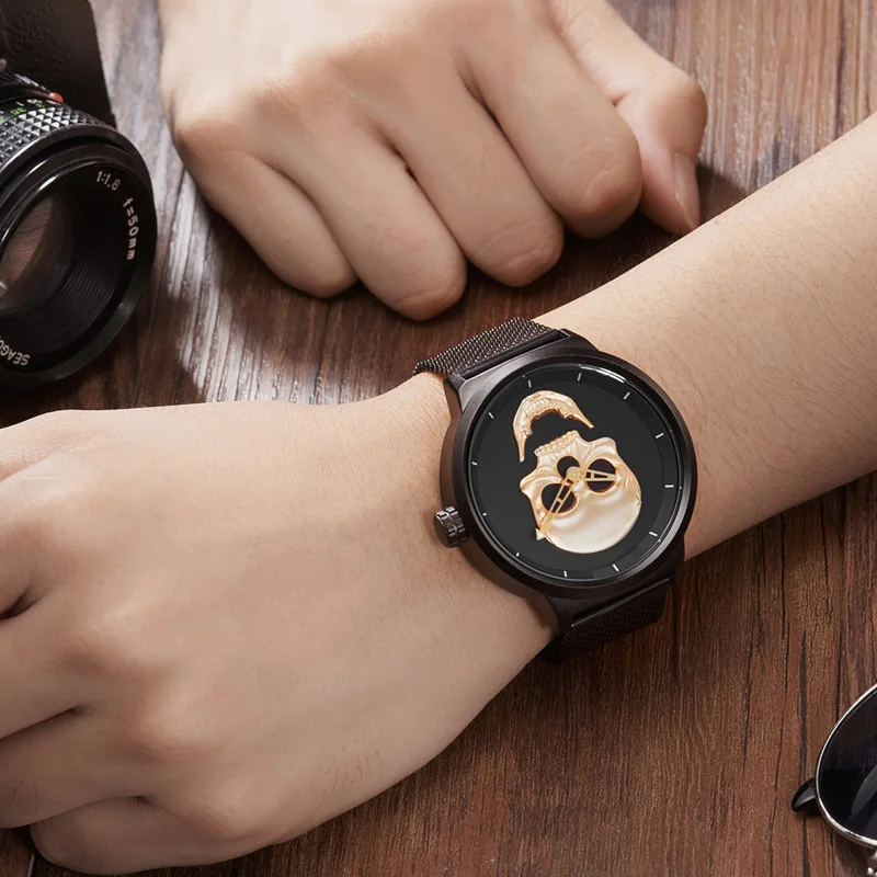 Часы наручные мужские кварцевые модные повседневные брендовые с золотым черепом