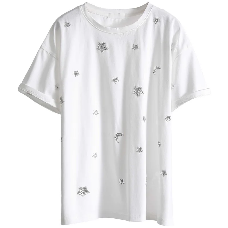 

T-shirt women moon and stars Printing Casual Large size Snug Solid color Tee DM001