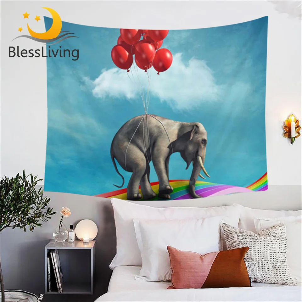 

BlessLiving Sky Blue Tapestry Elephant Riding Balloons Rising Tapestries Wall Hanging Decor Animal Rainbow Bedspreads Wall Art