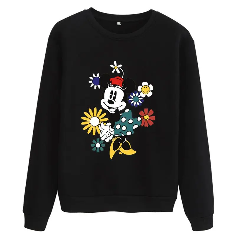 Disney Plus 1 Year Anime Minnie Mouse Floral Cute Kawaii Women Sweetshirts Long Sleeve Fleece Thick Autumn Winter Sweatshirt Y2K