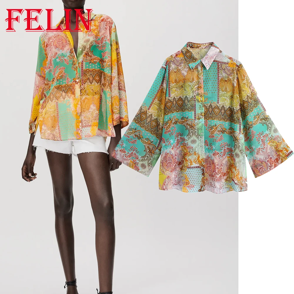 

Женская шифоновая блузка с цветочным принтом, винтажная Длинная блузка оверсайз в стиле инди, элегантный летний топ, 2021