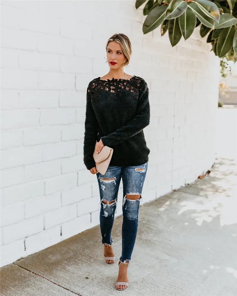 

Women Fashion Elegant Long Sleeve Knitted Sweater Black Jumper Hollow Out Lace Pullover Autumn Blouse Casual Crochted Tops