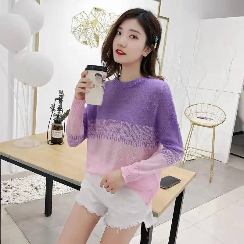 2019 autumn women's sweater small fresh mohair gradient color base loose hood large size shirt thin | Женская одежда