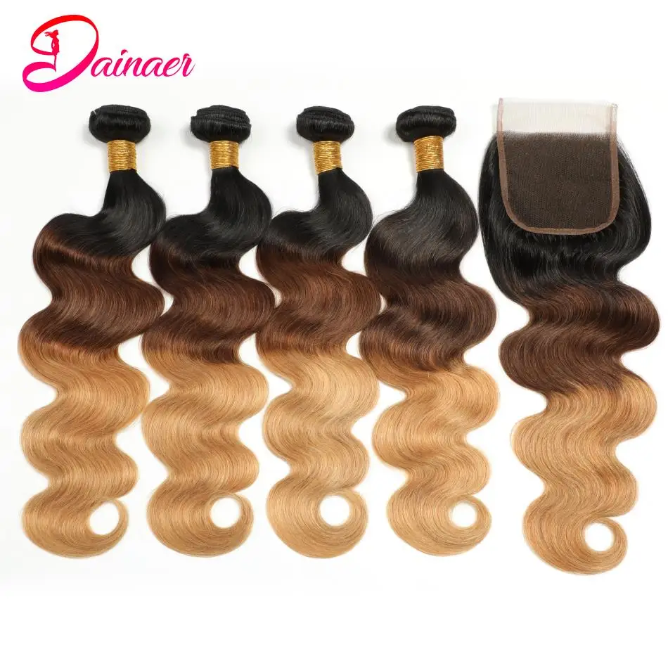 Brazilian Body Wave 1b/4/27 Ombre Human Hair 4Bundles With Closure 4x4Inches Middle/Three/Free Lace Closure Virgin Hair Bundles