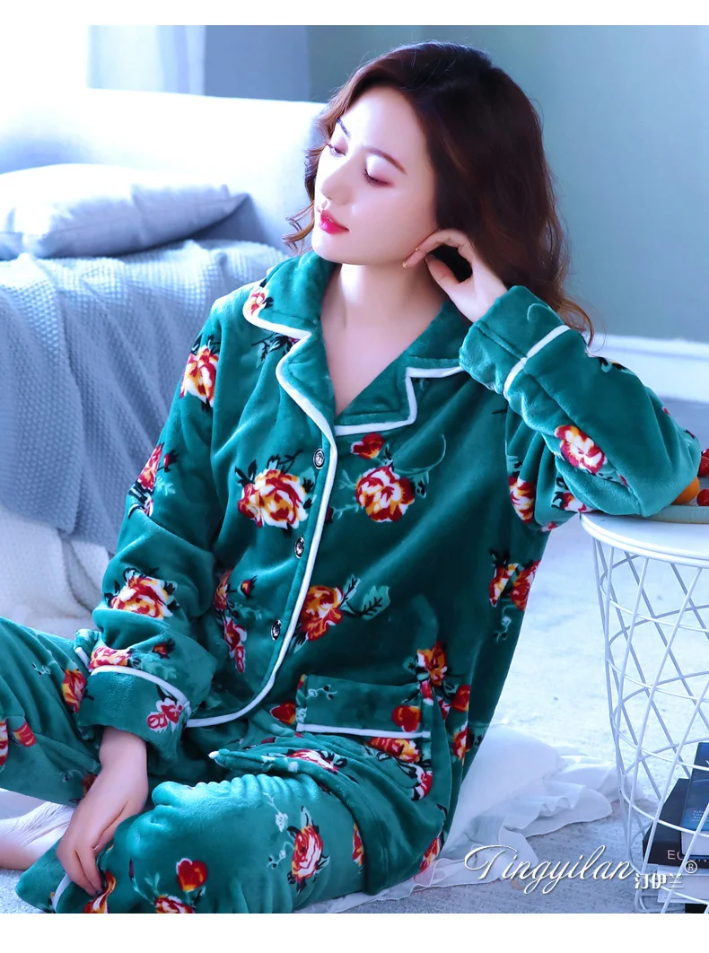 Trending Products Large size Home clothes fo women 2 piece set Lady clothes set Pajamas Printing Autumn/ Winter Coral fleece 288