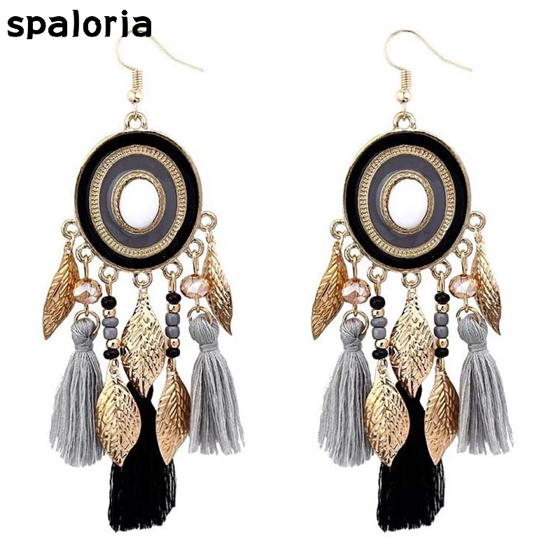 Женские серьги подвески с кисточками и перьями в этническом