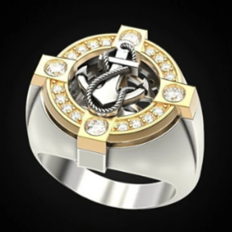 Vintage Gold Silver Color Cross Anchor Men's Ring Luxury White Zircon Crystal Wedding Rings for Men Women Boho Jewelry 2020