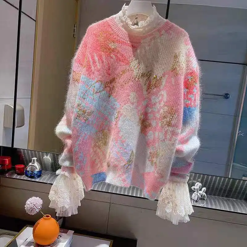 

2021 Spring Fashion New Dyed Rainbow Pink Tender Age Reducing Sweater women Oversized Female Tops