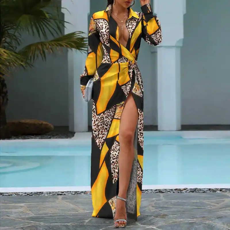 

Sexy cuff maxi split dress women geometry print streetwear bandage collar long sleeve long outer dress