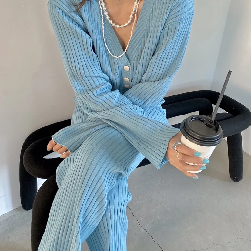 

SuperAen 2021 Autumn Winter New Sweet Solid V Neck Knitted Button Sweater + Knitted Wide Leg Pants Two Pieces Sets