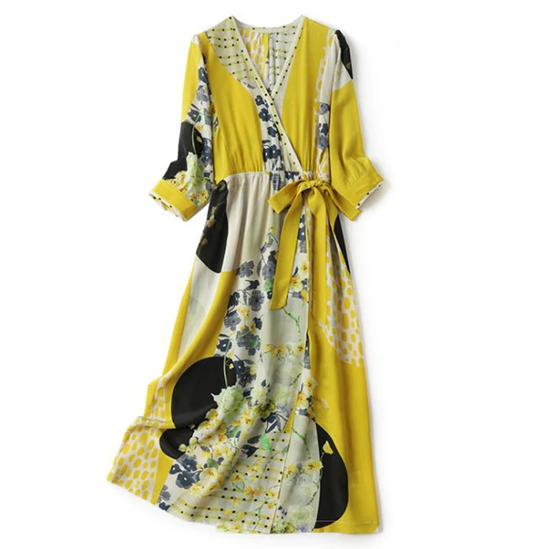 

100% Heavy Silk Women's Dresses V Neck 3/4 Sleeves Printed Lace Up Waist Fashion Casual Autumn Vestidos Holiday Dress100% Heavy
