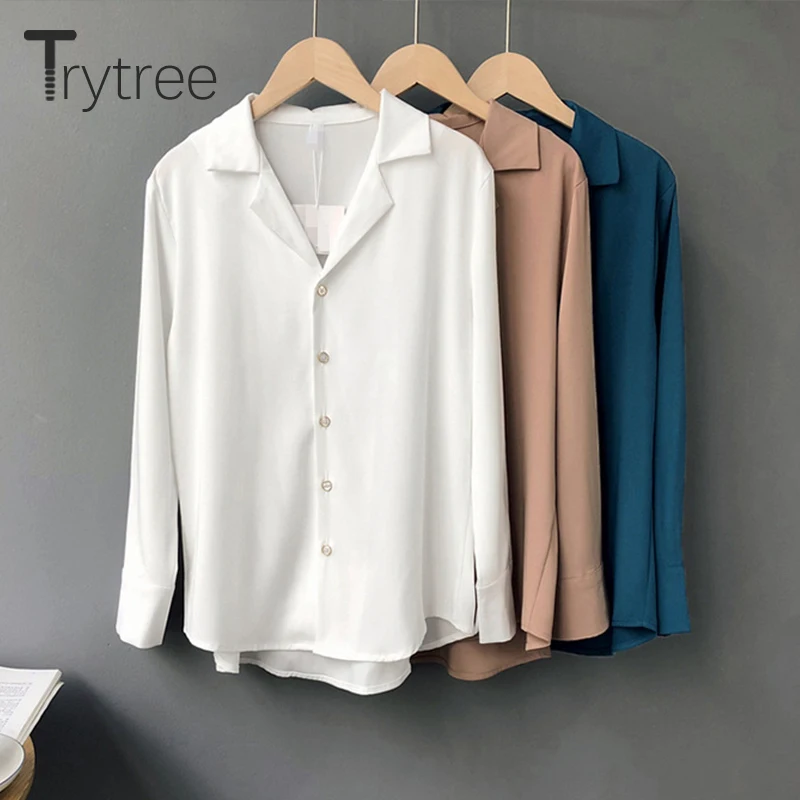 Осень зима 2020 женская блузка Trytree повседневная однобортная однотонная модная