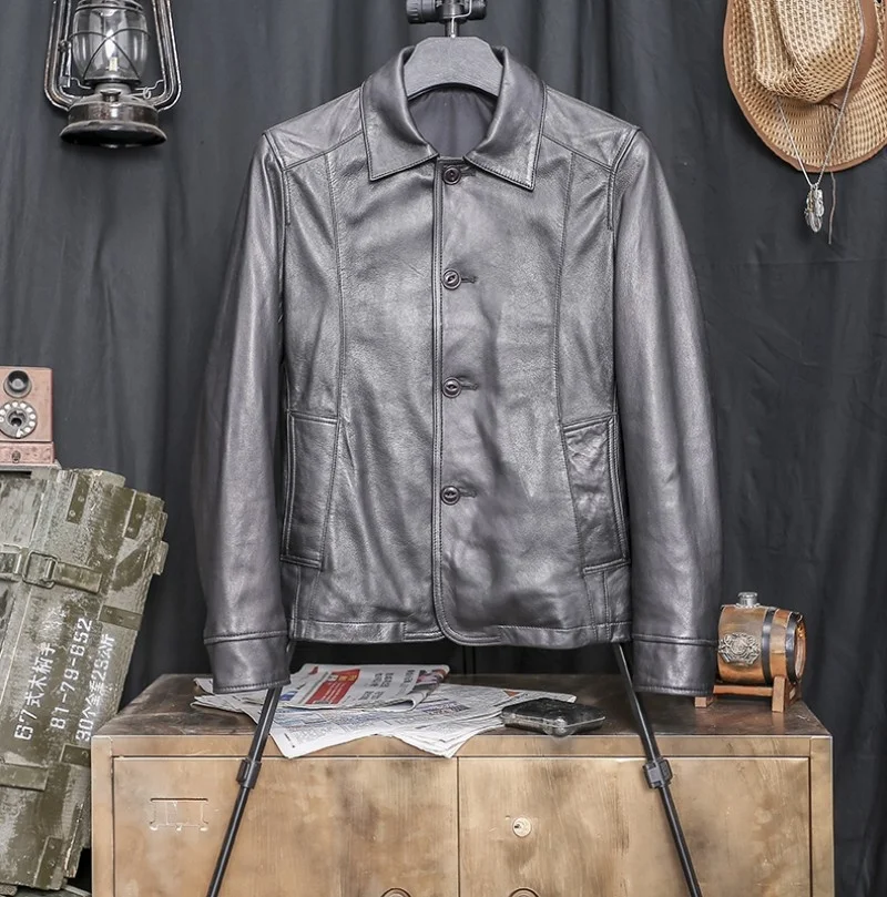 Мужская приталенная кожаная куртка с отложным воротником осенняя деловая
