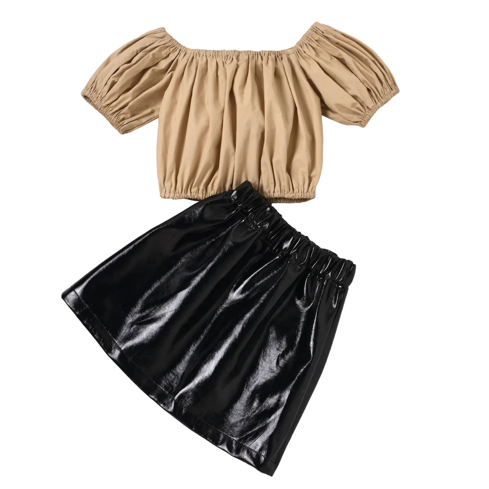 

Pudcoco 2021 Summer 1-6Y Baby Girl 2Pcs Set Off Shoulder Fashion Puff Short Sleeve Top+Leather Mini Skirt Children Clothes