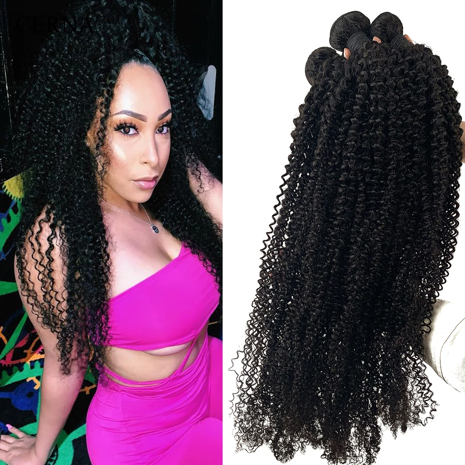 

Cerna Kinky Curly 26 28 30 32 34 36 38 40 Hair Bundles Natural Color Indian 100% Unprocessed Human Virgin Hair Extensions