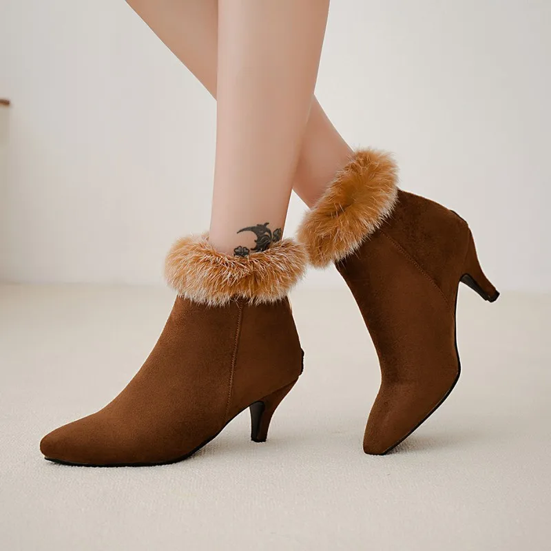 

Busy Girl Size 33-48 Winter High Heels Women Ankle Boot Pointed Toe Flock Footwear Fur Female Boots Zip Shoes Women 2020 New