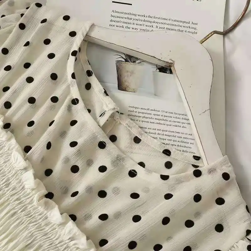

Little Fresh Polka Dot Short Sleeve Shirt Women's 2021 New Care Machine Ruffle Color Matching Round Neck Top Kawaii Harajuku
