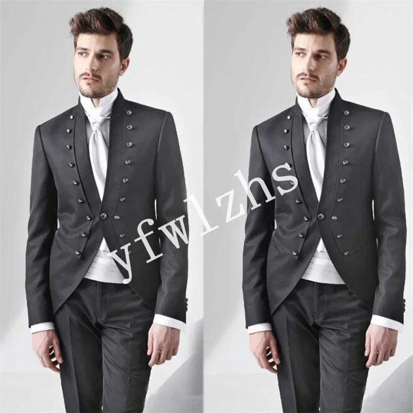 

Handsome Double-Breasted Groomsmen Mandarin Lape Groom Tuxedos Mens Wedding Dress Man Blazer Prom Dinner (Jacket+Pants+Tie) A201