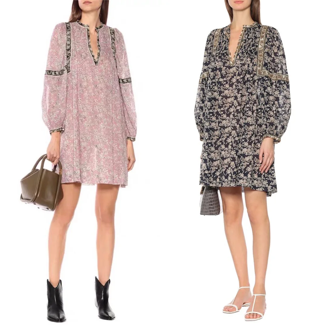 

French Romantic Light Luxury Ethnic Style Printed Dress Comfortable Washable Cotton Loose Shirt Dress