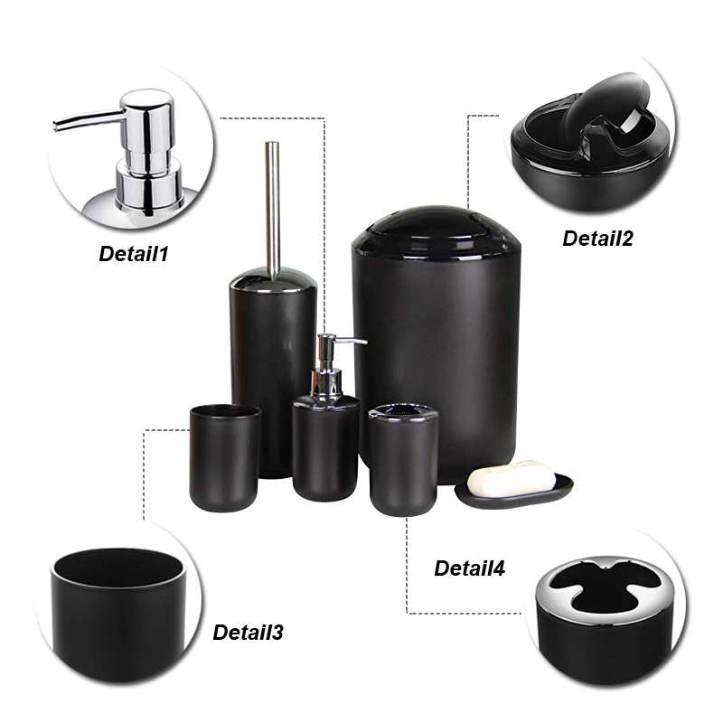 

6pcs/Set Luxury Bathroom Accessories Plastic Toothbrush Holder Cup Soap Dispenser Dish Toilet Brush Holder Trash Can Set